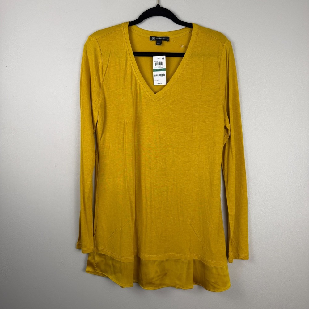 I.N.C International Concepts T-Shirt Women Large Yellow Sheer Trim Casual V-Neck